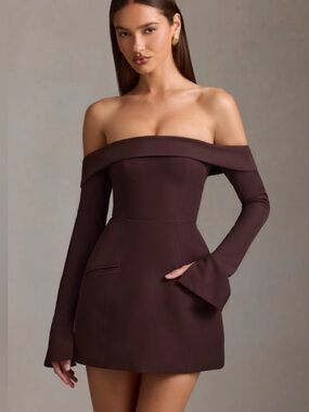 Oh Polly Off-Shoulder Structured A-Line Mini Dress in Chocolate Brown
